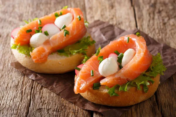 Hearty sandwiches with salmon, mozzarella, lettuce, onion and ra — Stock Photo, Image