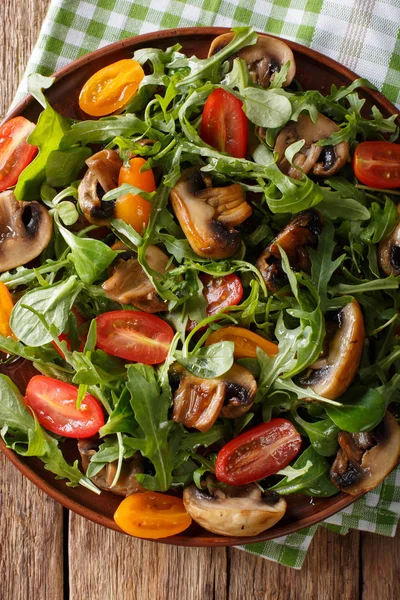 Salade met gebakken champignons, rucola, cherry tomaten close-up. V — Stockfoto