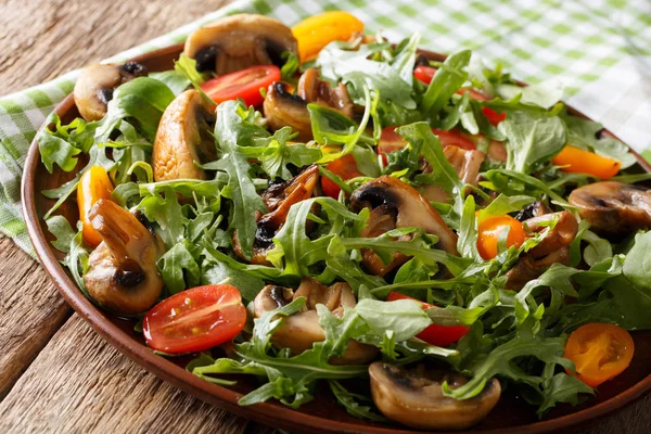 Veganistische maaltijd: salade met gebakken champignons, rucola, cherry tomaten — Stockfoto