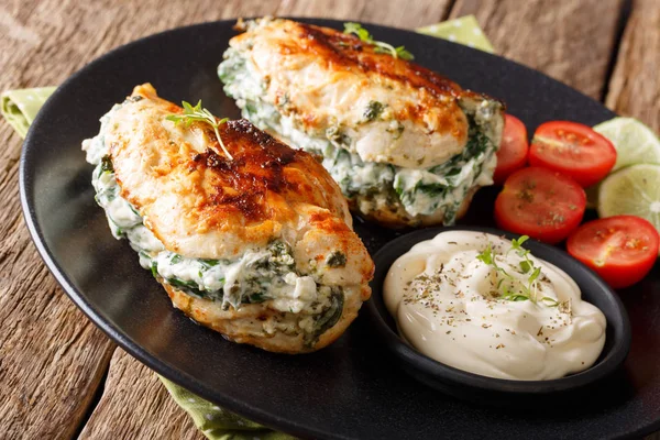 Delicious food: Baked chicken fillet stuffed with cheese and spi — Stock Photo, Image