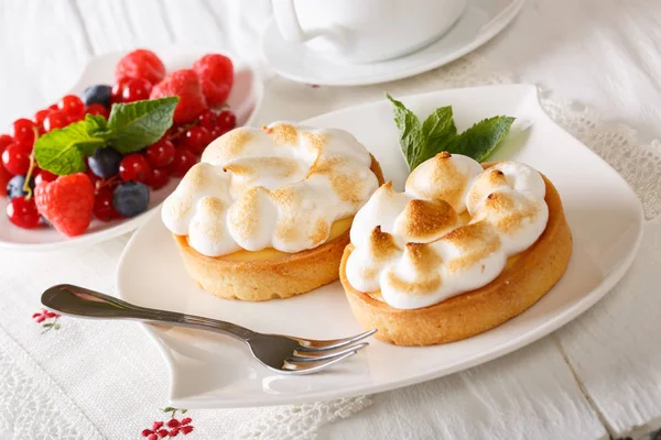 Citroen taartje met meringue en zomer bessen close-up. Horizon — Stockfoto