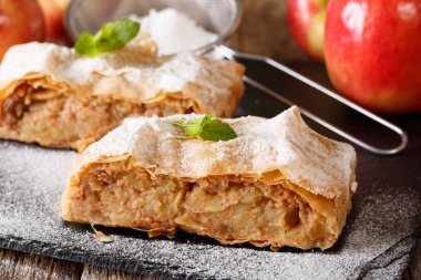 Avusturyalı gıda: pudra şekeri ve nane makro ile elma strudel 