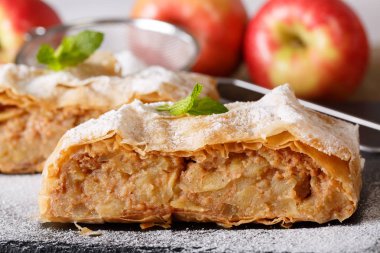 Geleneksel Avusturya elma strudel makro gemide. horizonta