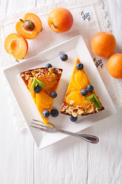 Yaban mersini yakın bir plaka üzerinde çekim ile kayısı peynirli kek. dikey 