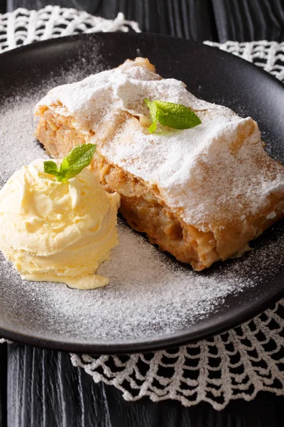 Strudel de manzana recién horneado con helado de vainilla y clos de menta — Foto de Stock