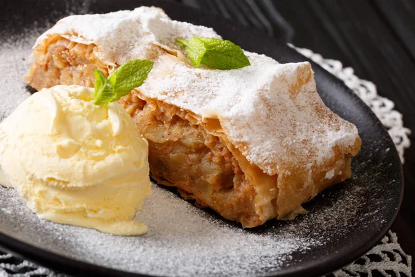 Apple strudel sprinkled with powdered sugar with ice cream and m