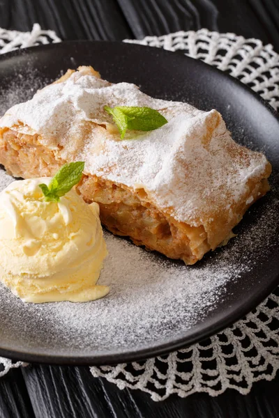 Delicioso strudel de manzana con azúcar en polvo, helado y menta cl — Foto de Stock