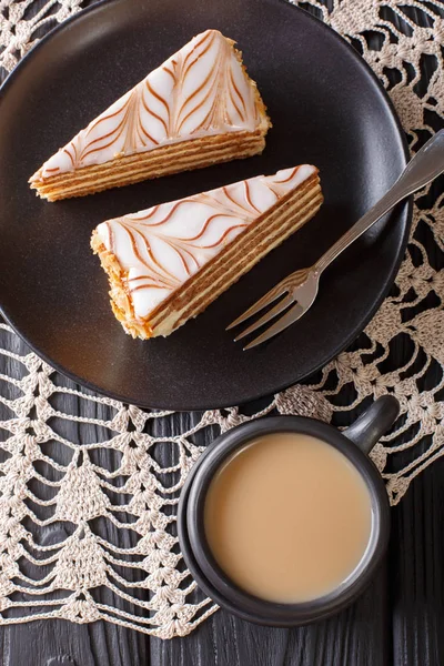 Pieces of Estherhazy cake and coffee with milk close-up on the t — Stock Photo, Image