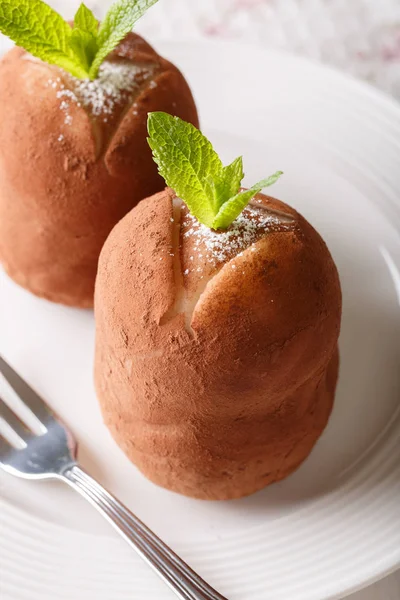 Шоколадные картофельные торты с мятой и какао порошком на тарелке. ve — стоковое фото