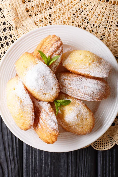 Galleta de Madeleine con azúcar en polvo y primer plano de menta en un pl — Foto de Stock