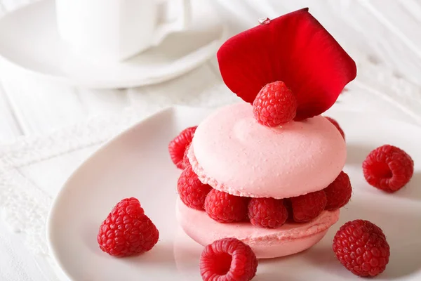 Elegant macaroon with raspberry filling and floral rose petals c — Stock Photo, Image