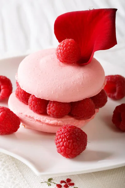 Desert francez: macaron roz cu closeup de zmeură pe o farfurie . — Fotografie, imagine de stoc