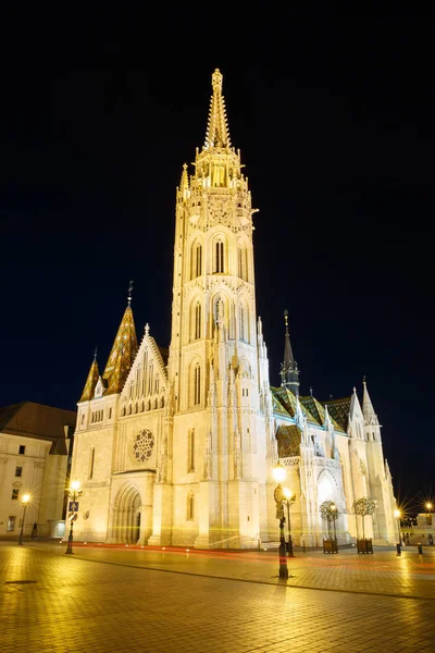 Hermosa iglesia de San Matías con iluminación nocturna. Budape. —  Fotos de Stock