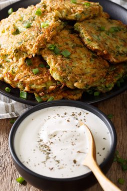 Lezzetli aperatif: kabak börek ile ekşi krema yakın çekim. ver
