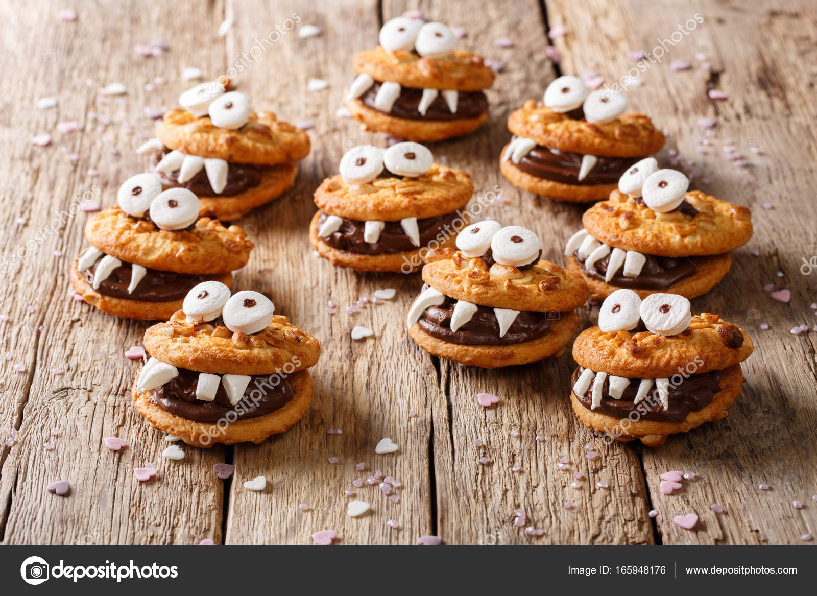 Halloween-Dessert: lustige Monster aus Plätzchen in Großaufnahme ...