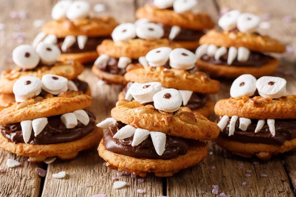 Monstros de um biscoito de noz com recheio de chocolate close-up. hori — Fotografia de Stock