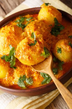 Hint patates kızartması Dum aloo köri sosu yakın çekim içinde. verical