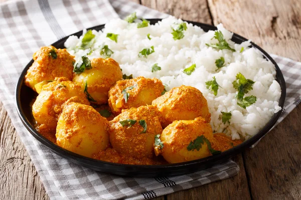 Indické kari aloo Dum brambory v omáčce s rýží detail. Hori — Stock fotografie