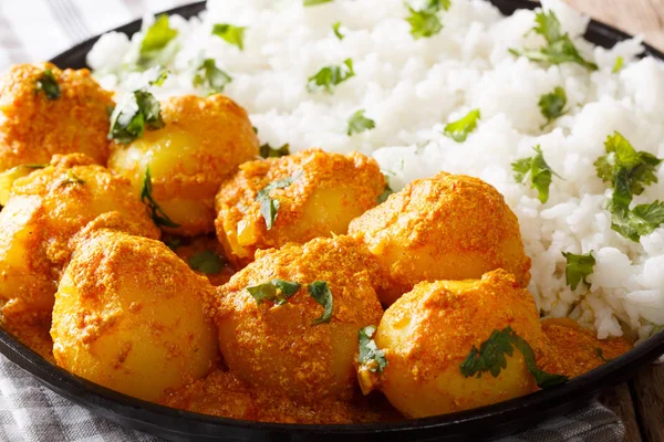 Indiska heta och kryddiga Kashmiri Dum aloo potatis med ris makro. — Stockfoto