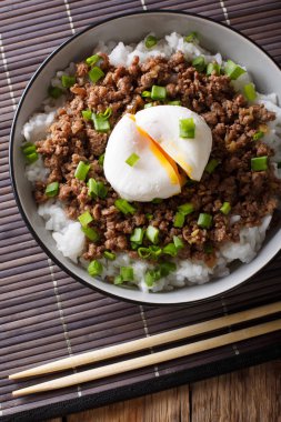 Japon çanak: haşlanmış yumurta ve pirinç ile baharatlı et Soboro kapatın