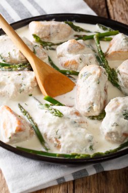 Bir kremalı sos yakın çekim içinde kuşkonmaz ile tavuk. dikey