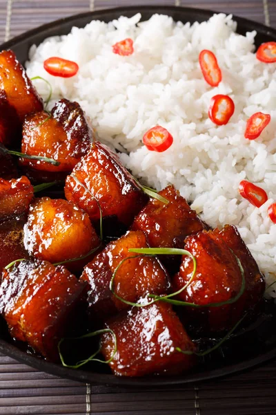 Vietnamese caramel pork with garnish of rice close-up on a plate — Stock Photo, Image