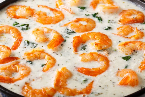 Creamy garlic butter tuscan shrimp with spinach macro. horizonta — Stock Photo, Image