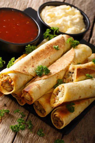 Taquitos with chicken and cheese close-up, as well as sauces. ve — Stock Photo, Image