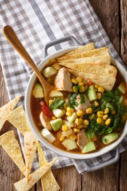Meksika yemeği: tortilla çorbası tavuk, domates, avokado ve 