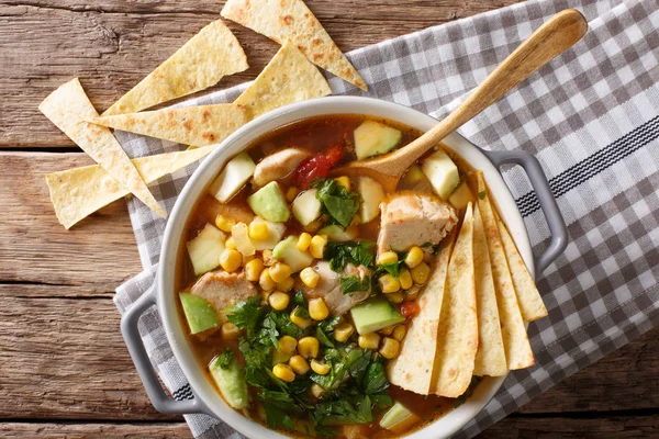 Mexican food: tortilla soup with chicken, tomatoes, avocado and — Stock Image Mexican food: tortilla soup with chicken, tomatoes, avocado and Royalty Free Stock Photos