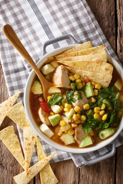 Mexican food: tortilla soup with chicken, tomatoes, avocado and — Stock Image Mexican food: tortilla soup with chicken, tomatoes, avocado and Stock Photo
