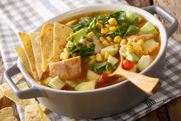 Spicy tortilla soup with chicken, cilantro, tomatoes, avocado an — Stock Image Spicy tortilla soup with chicken, cilantro, tomatoes, avocado an Royalty Free Stock Images