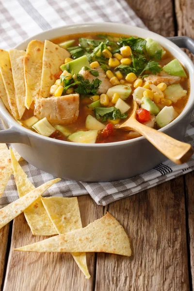 Mexican food: tortilla soup with chicken, tomatoes, avocado and — Stock Image Mexican food: tortilla soup with chicken, tomatoes, avocado and Stock Picture