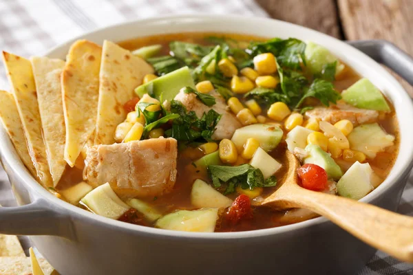 Delicious tortilla soup with chicken, greens, tomatoes, avocado — Stock Image Delicious tortilla soup with chicken, greens, tomatoes, avocado Stock Image