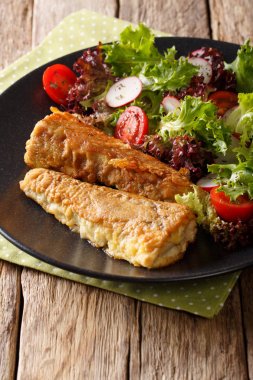 Kızarmış Balık hake domates, turp ve marul salata ile kapatmak