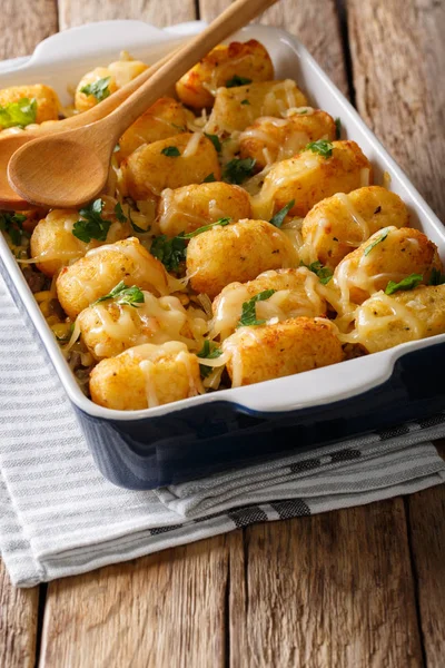 Tater Tots horneados caseros con queso, carne y verduras de cerca —  Fotos de Stock