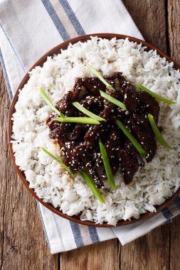 Moğol baharatlı sığır eti ile pirinç yakın çekim. Dikey Üstten Görünüm