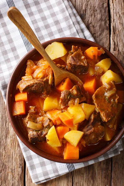 Spicy stew estofado with beef and vegetables in a bowl close-up. — Stock Photo, Image