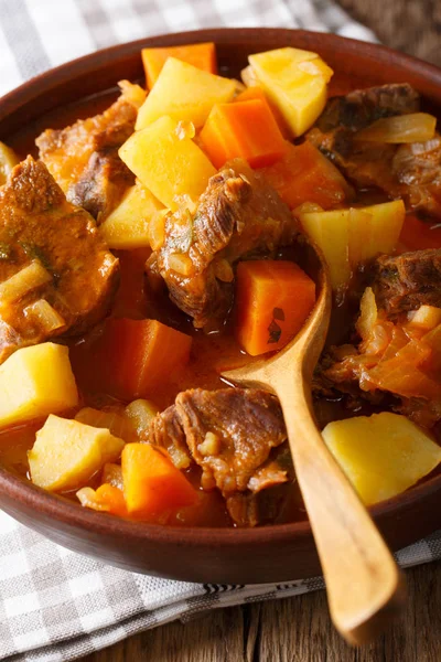 Estofado cozido grosso com carne bovina e legumes close-up. vertica — Fotografia de Stock