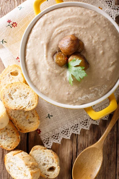 Nylagade grädde kastanj soppa med rostat bröd närbild — Stockfoto