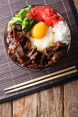 Gyudon sığır pirinç, yumurta ve soğan portre üzerinde bir kase ile ta