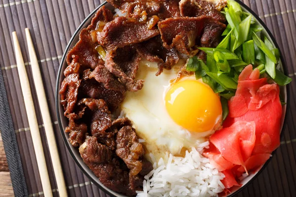 Dania kuchni japońskiej: gyudon wołowina z ryżem i cebula. poziome do — Zdjęcie stockowe