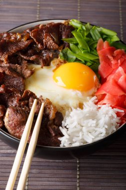 Pirinç, zencefil ve soğan closeup ile Japon gyudon sığır eti. Verti