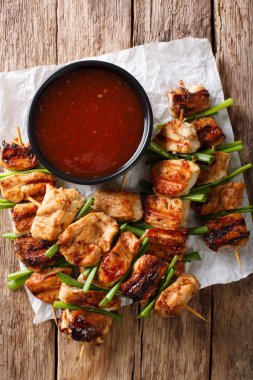 Asya gıda: yeşil soğan ve kırmızı biber sosu yakın tavuk kebabı