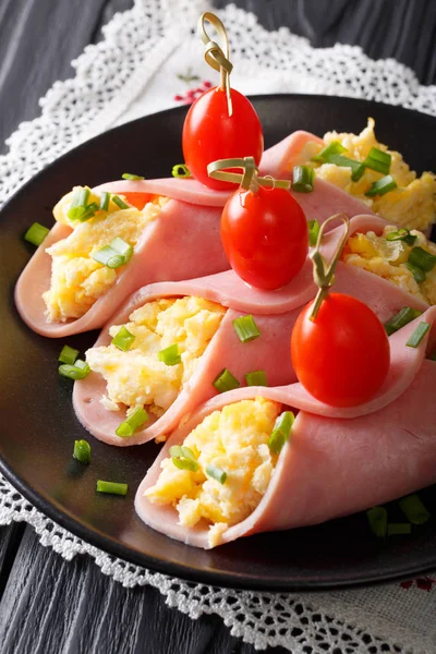 Szynki nadziewane omlety i pomidory bliska. pionowe — Zdjęcie stockowe
