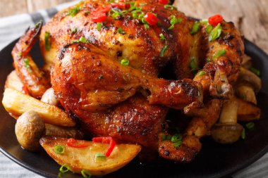 Baharatlı çeşnilikler yakın çekim ile sıcak ızgara tavuk. Yatay