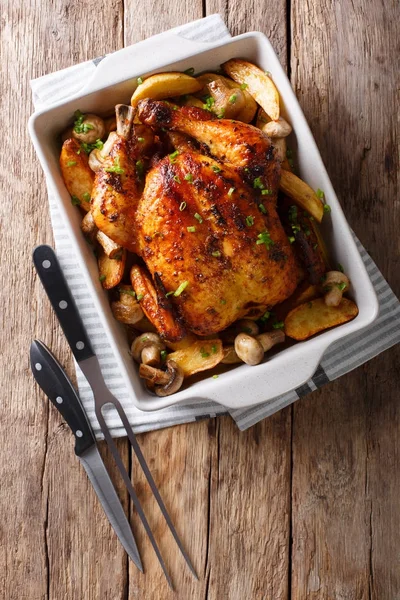 Вкусная еда: жареная курица с грибами и картофелем крупным планом — стоковое фото