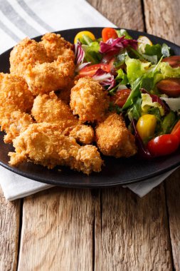 Ekmek kırıntıları ve taze salata yakın çekim çıtır tavuk kanatları 