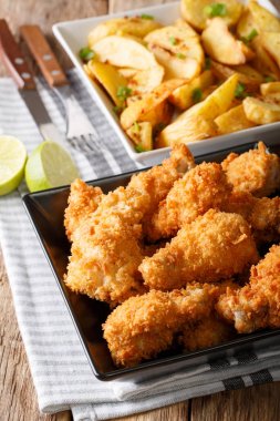 Ekmek kırıntısı kızarmış tavuk kanatları ve patates dilimleri yakın çekim. 