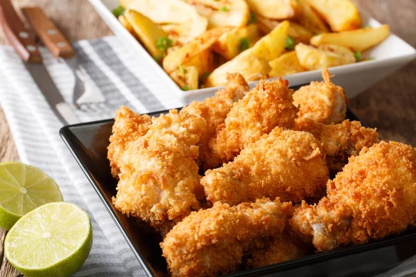 Lezzetli tavuk kanadı ekmek kırıntısı ve patates dilimleri makro 